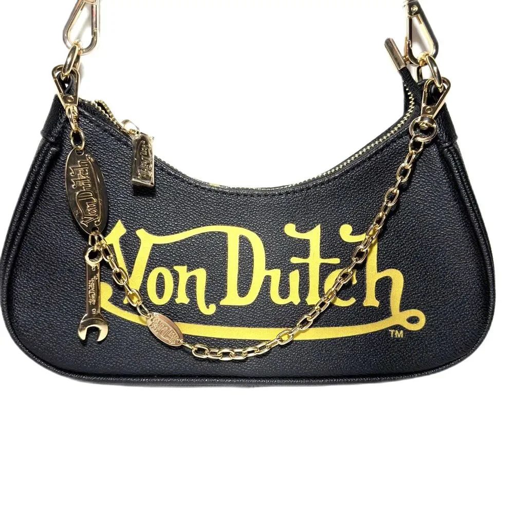 Von Dutch Classic Black Vegan Patent Logo Shoulder Bag Chain Wrench Charm NWOT